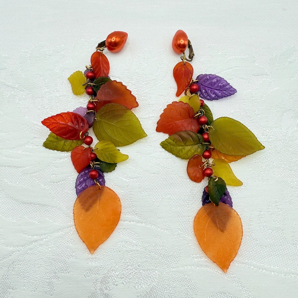 Vintage Dangling Statement Autumn Foliage Leaf Cha Cha Earrings